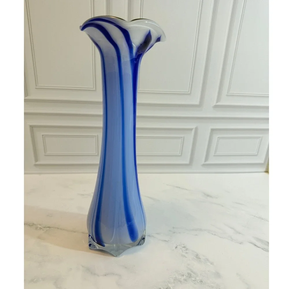 VTG Hand Blown Blue Streaked Murano Style Art Glass 11